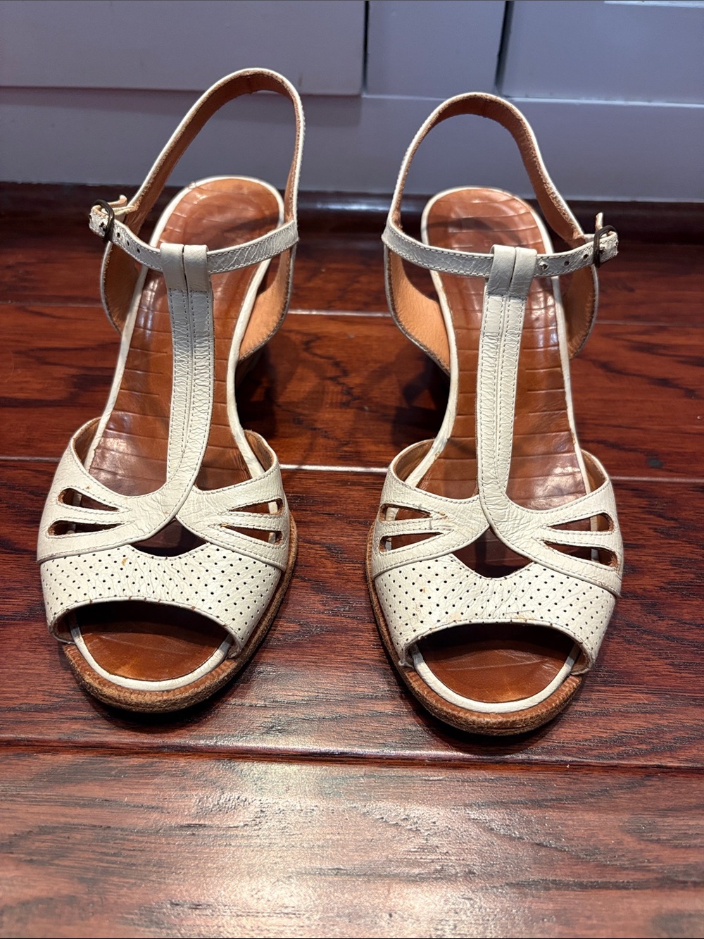 Chie Mihara Cream T-Strap Perforated Leather Sandals